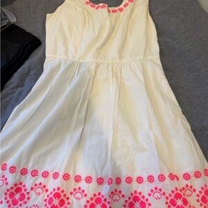 White Sleeveless Dress with Pink Embroidered Hem